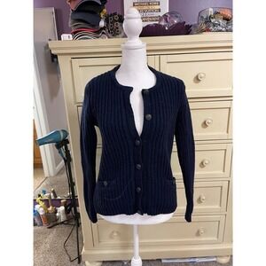 Lands End Navy Blue Ribbed Button Front Cardigan‎ Sweater Women's XS Preownef